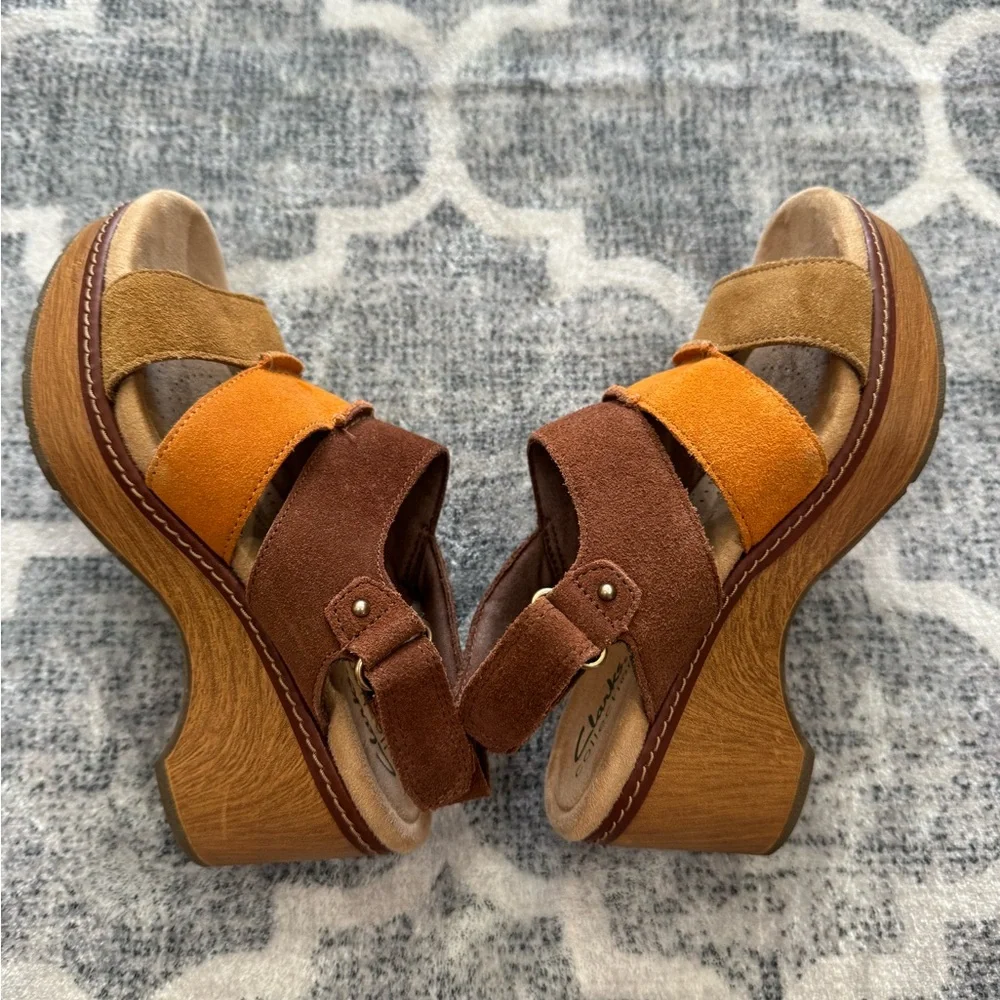 Clarks Brown and Orange Suede Wedge Sandals